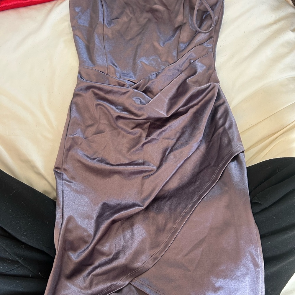 Windsor Shimmery Plum Asymmetrical Satin Dress